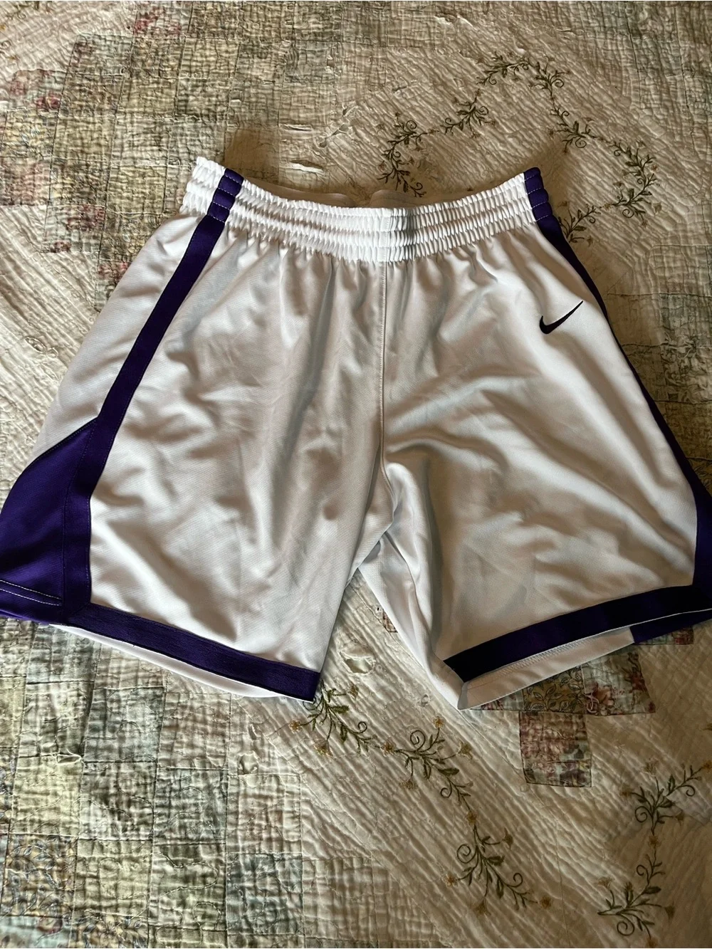 Women’s Nike White Athletic Shorts with Purple Medium